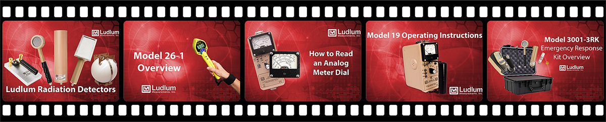 Filmstrip with video title cards for Ludlum Radiation Detectors, Model 26-1 Overview, How to Read an Analog Meter Dial, Model 19 Operating Instructions, and Model 3001-3RK Emergency Response Kit Overview